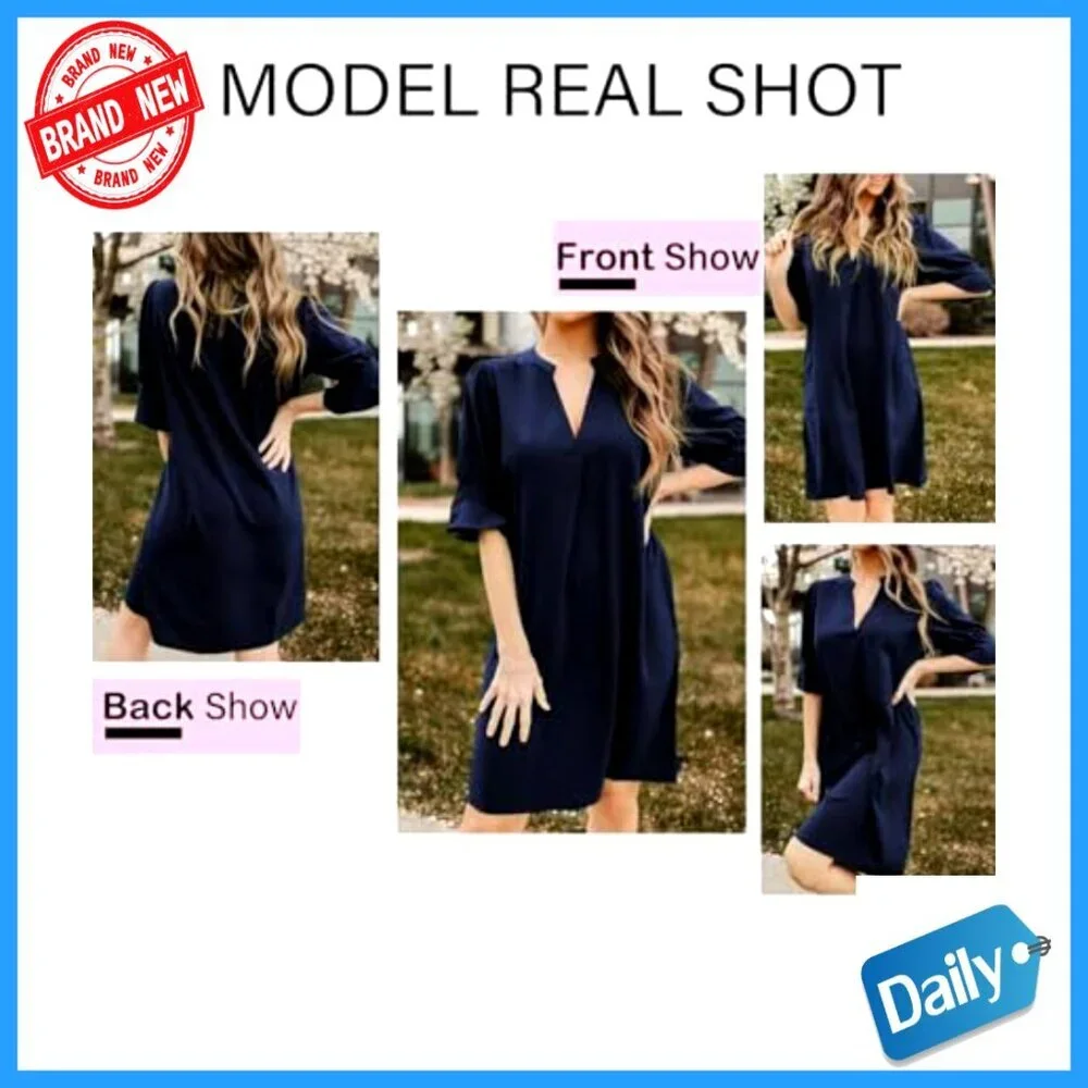 Knee-Length V-Neck Shift Dress with Ruffle Sleeves, Polyester Casual Summer Wear - Picture 5 of 7